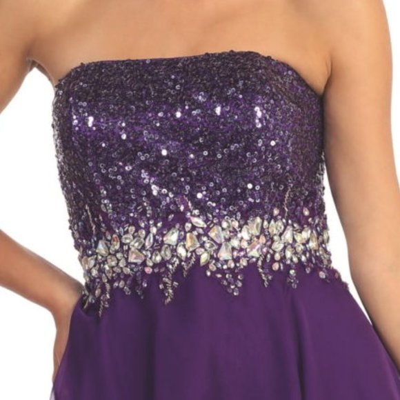 NEW LONG SLEEVELESS A-LINE CHIFFON DRESS EMBROIDERED WITH RHINESTONES GL1060 - Picture 5 of 11